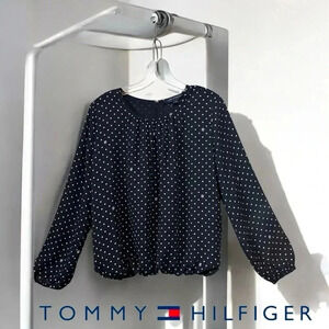 Tommy Hilfiger, Polka-Dot Gathered Neckline Balloon Sleeve  Blouse, Med, Navy